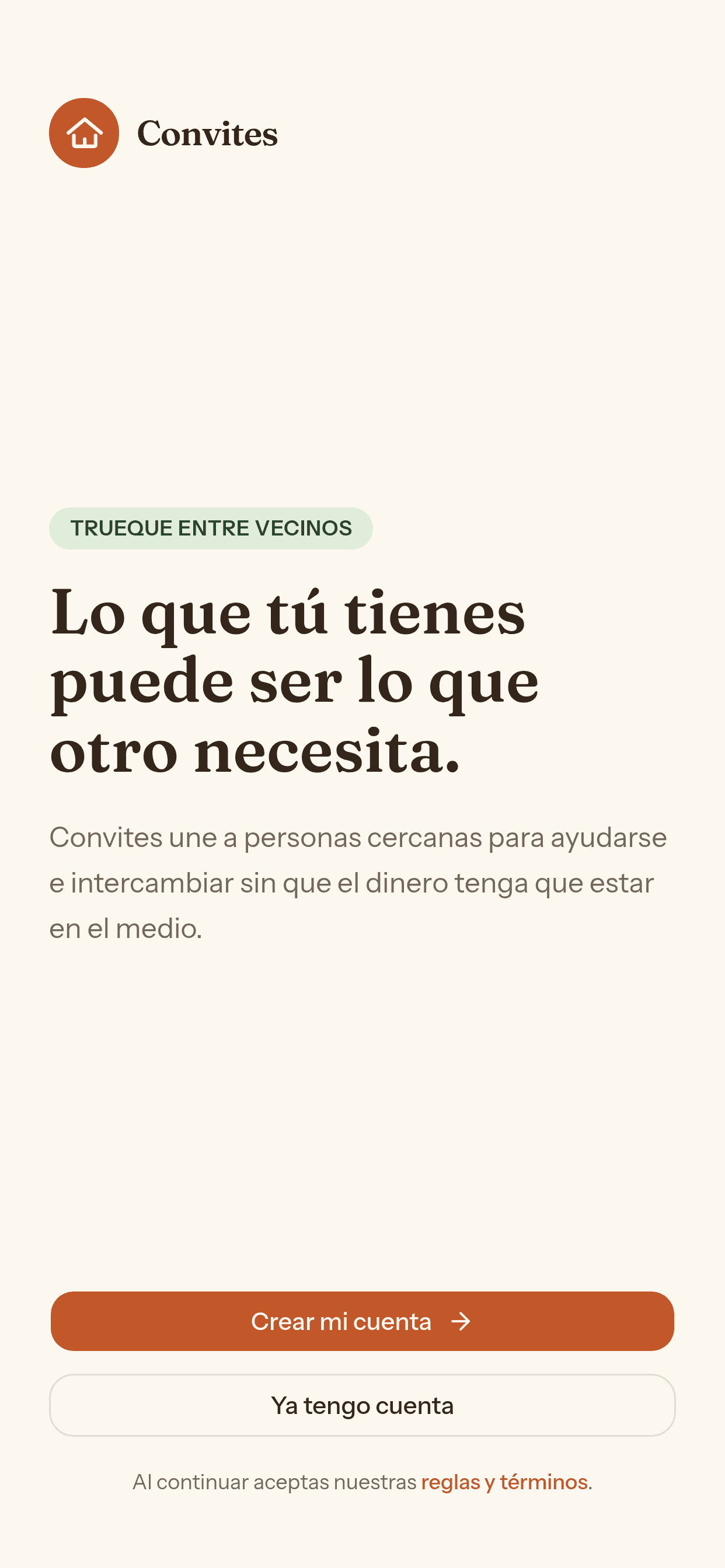 Pantalla de bienvenida de la app de Convites