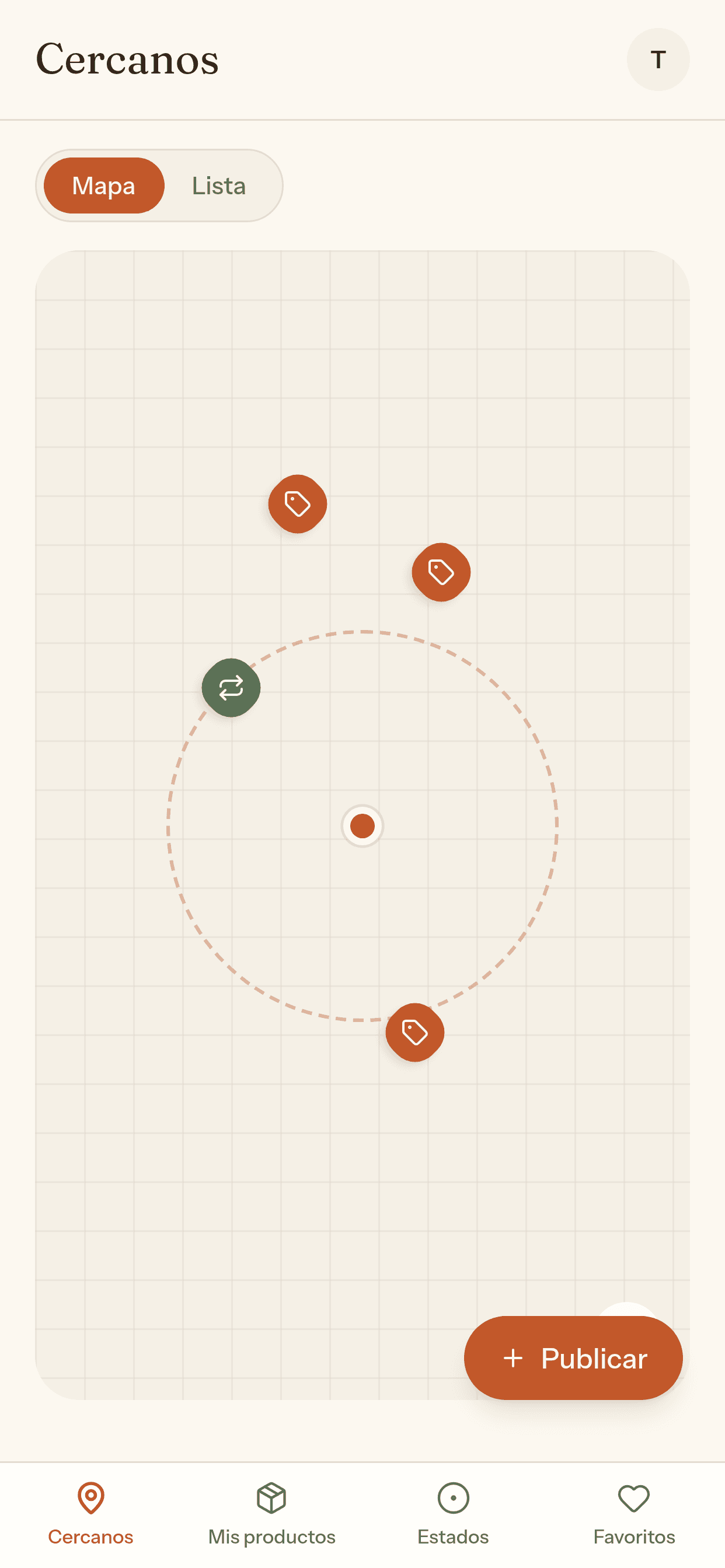 Mapa de la app de Convites mostrando publicaciones cercanas
