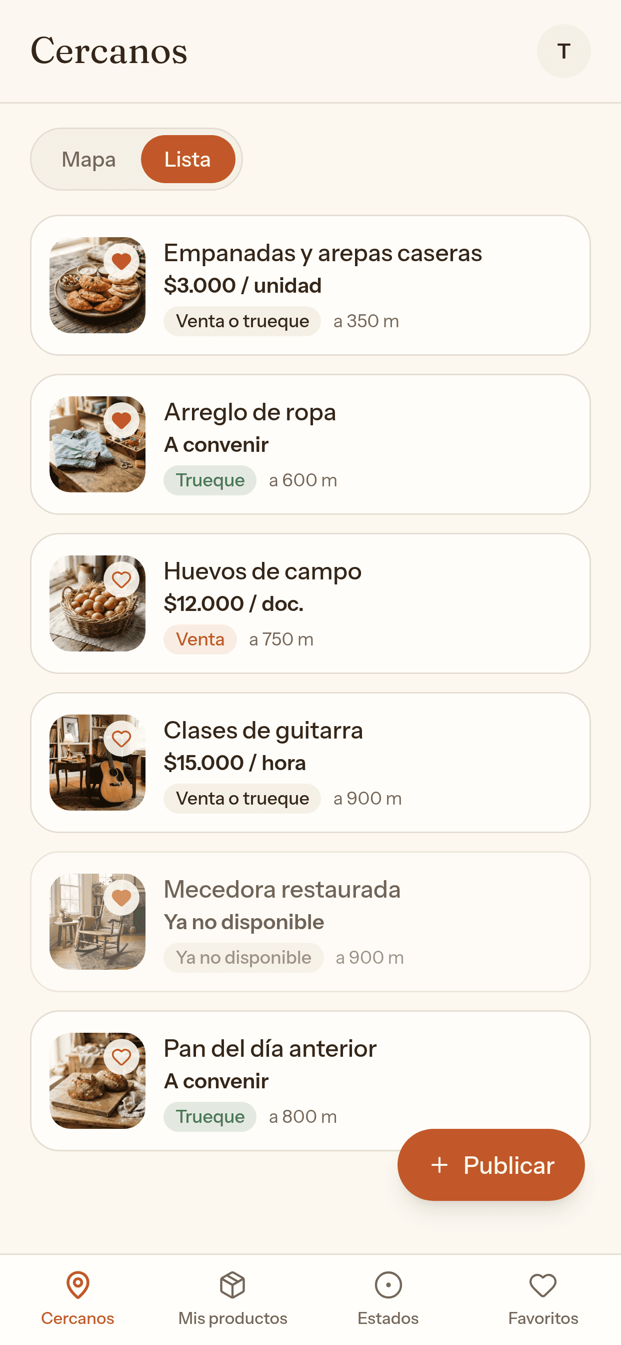 Lista de publicaciones cercanas en la app de Convites