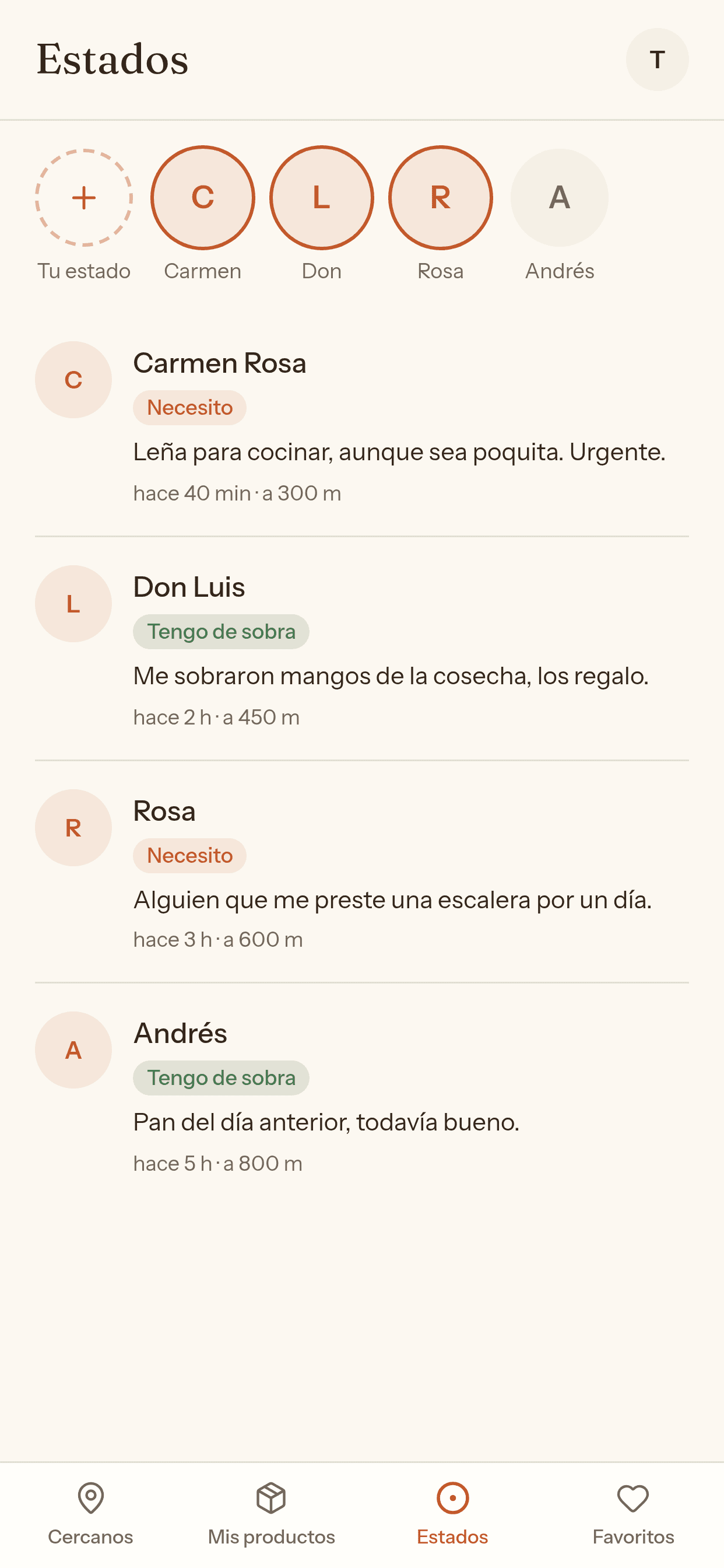 Estados y actualizaciones de vecinos en la app de Convites