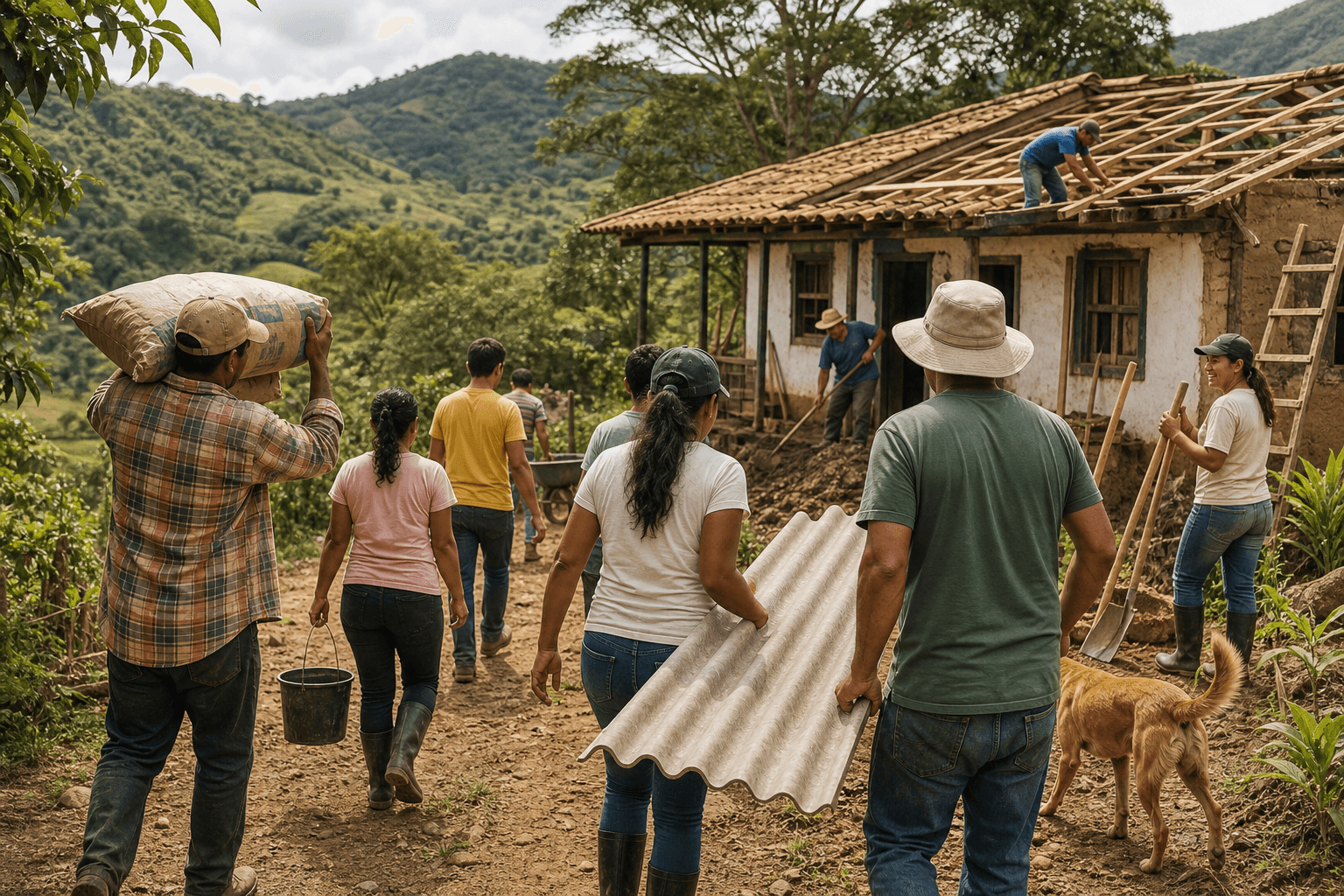 Vecinos llevando tejas, cemento y herramientas a un convite comunitario