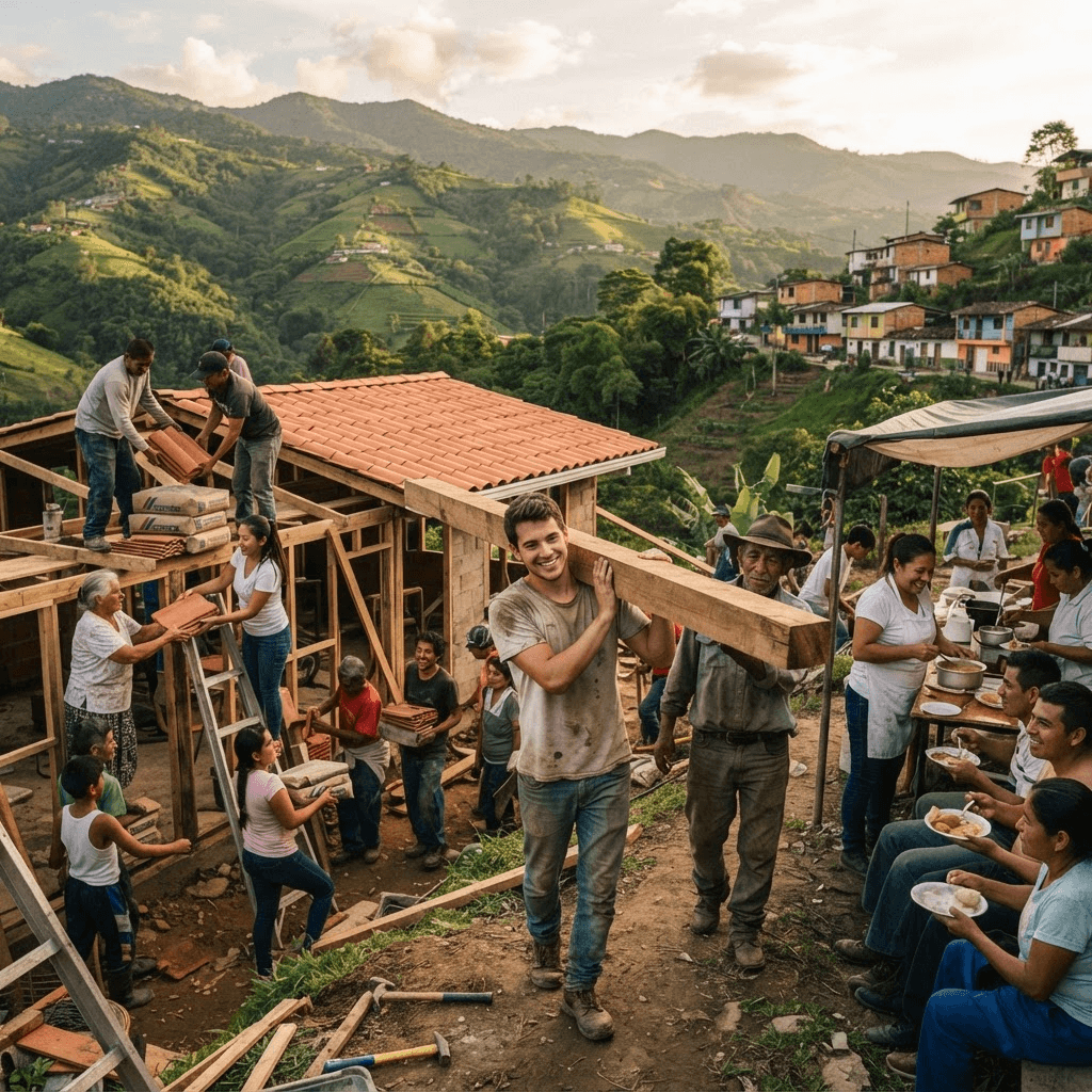 Vecinos de Risaralda reunidos en un convite comunitario reconstruyendo una casa juntos